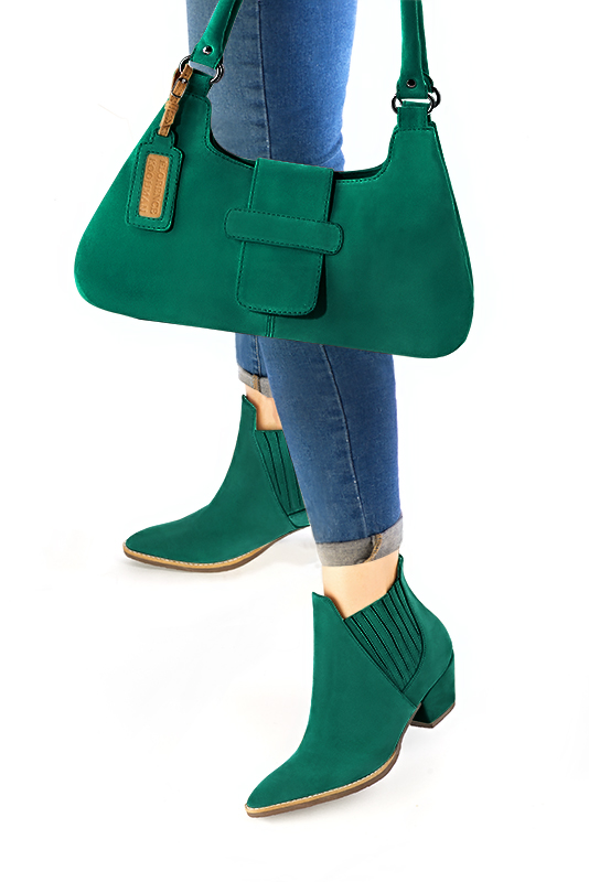 Emerald green women's ankle boots, with elastics. Tapered toe. Low cone heels. Worn view - Florence KOOIJMAN